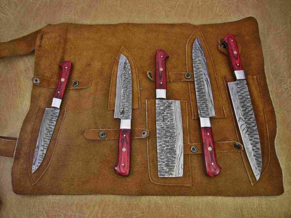 Custom Handmade Damascus Steel Chef Knife Set With Leather Roller Kit | Christmas Gift, Birthday Gift, Wedding Gift, Anniversary Gift, Valentine's Gift