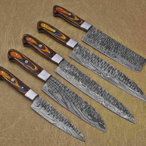 Custom Handmade Damascus Steel Chef Knife Set With Leather Roller Kit | Christmas Gift, Birthday Gift, Wedding Gift, Anniversary Gift, Valentine's Gift