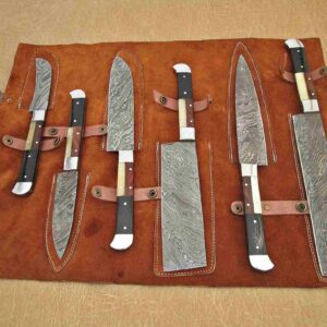 Custom Handmade Damascus Steel Chef Knife Set With Leather Roller Kit | Christmas Gift, Birthday Gift, Wedding Gift, Anniversary Gift, Valentine's Gift