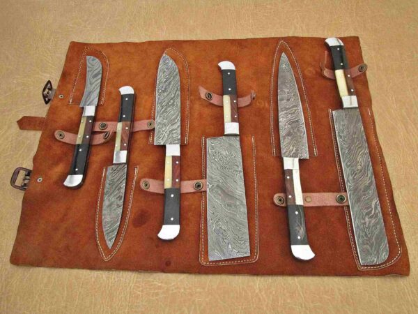 Custom Handmade Damascus Steel Chef Knife Set With Leather Roller Kit | Christmas Gift, Birthday Gift, Wedding Gift, Anniversary Gift, Valentine's Gift